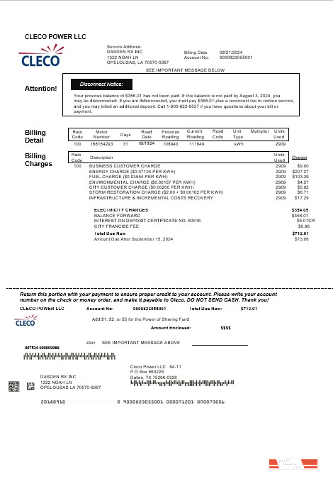USA Louisiana Cleco Power electricity business utility bill template in Word and PDF formats